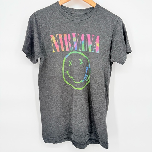 Nirvana Smiley Face T-Shirt Small Gray Colorful Graphic Tee Grunge Rock Band 90s - Picture 3 of 7